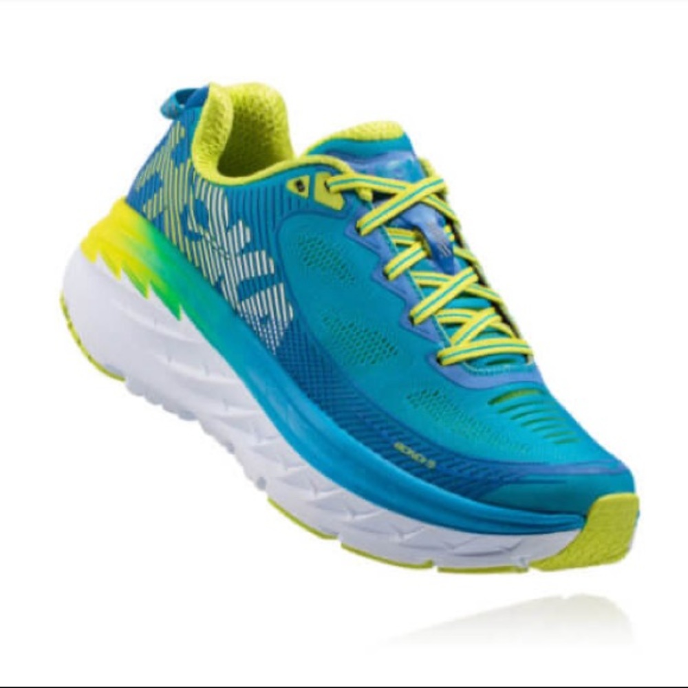Hoka One One Bondi 5 Blue/Neon Green Size8 Running Shoes *feels more like a 7